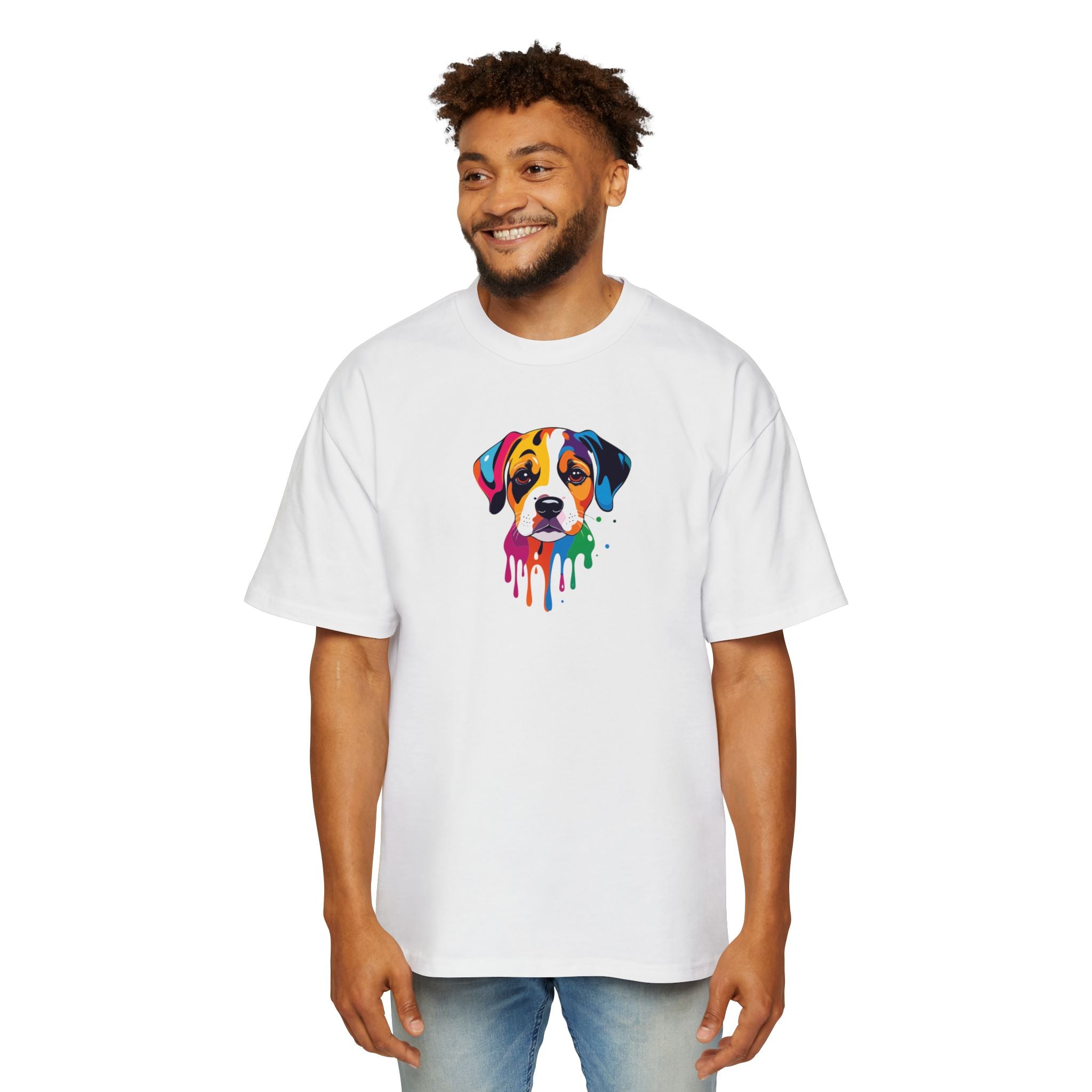 Man wearing a white t-shirt with a colorful dog graphic on a white background