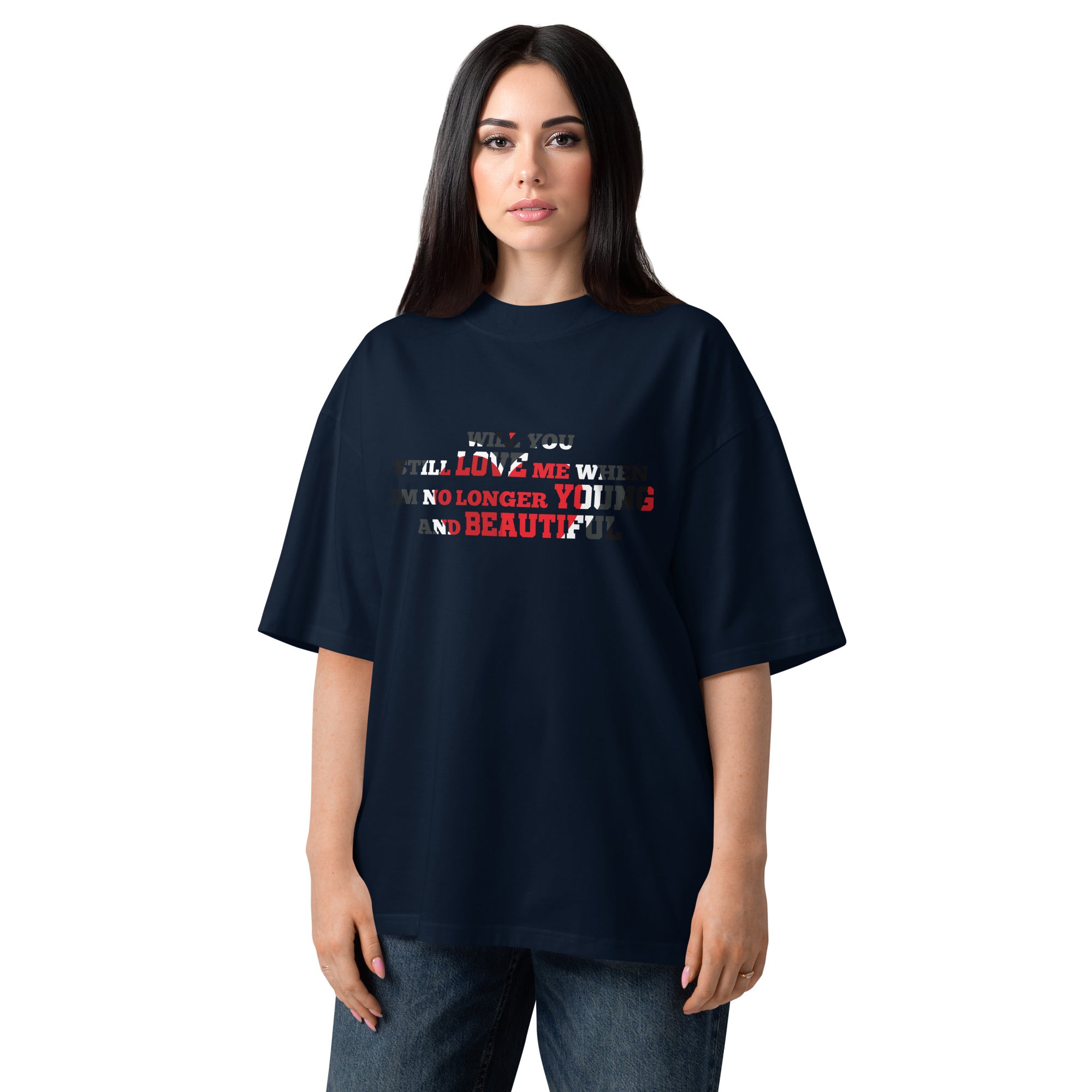 Woman wearing a navy blue t-shirt with text on a white background