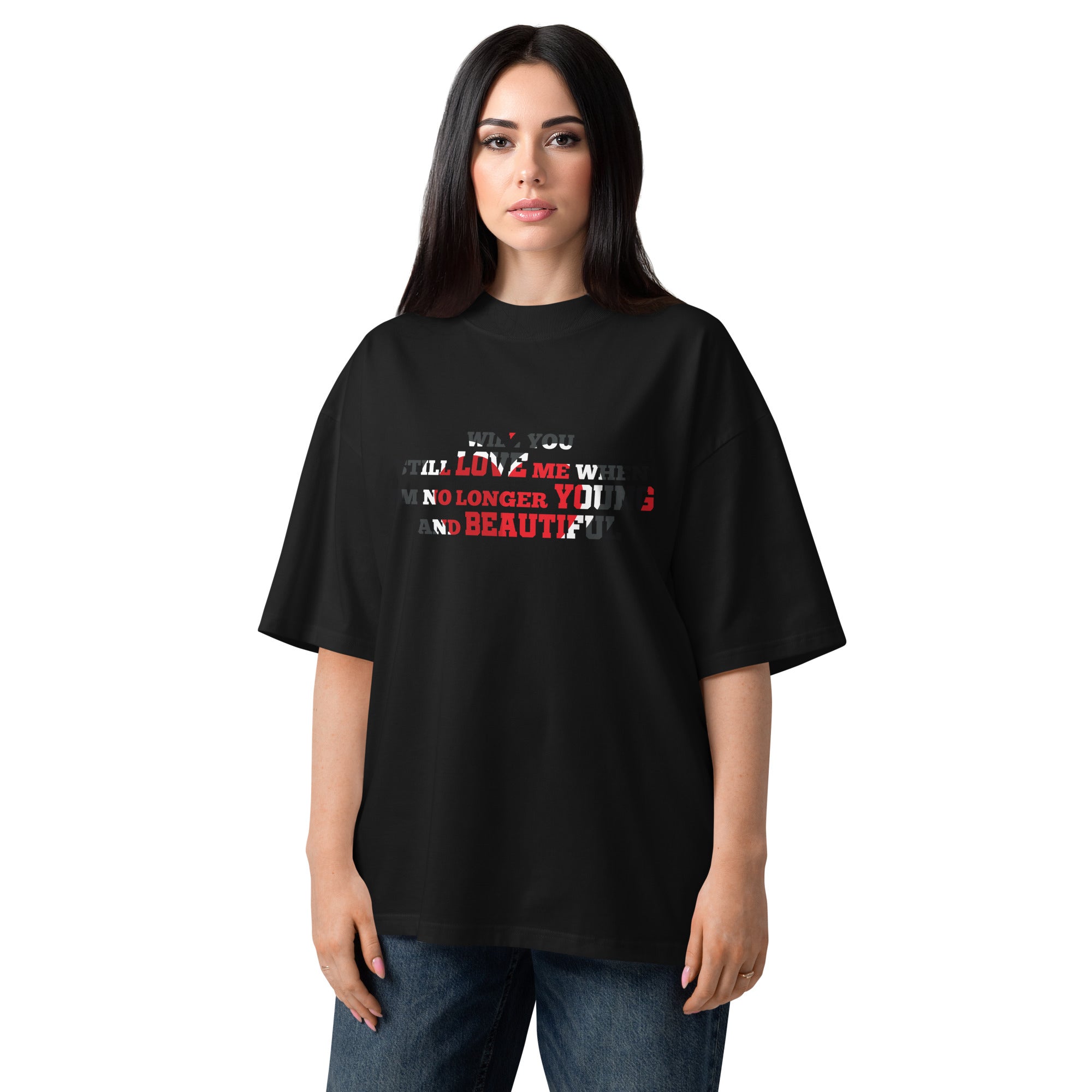 Woman wearing a black t-shirt with text on a white background