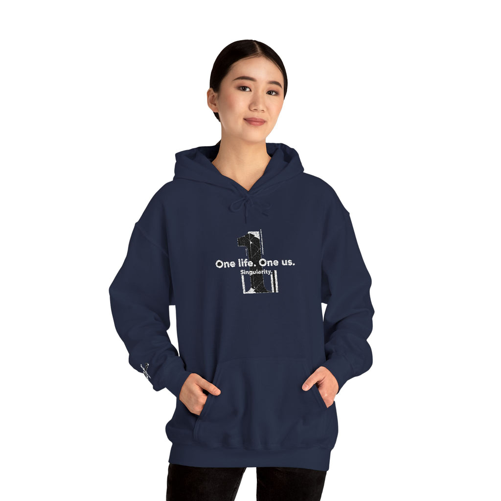 Person wearing a navy blue hoodie with text on a white background