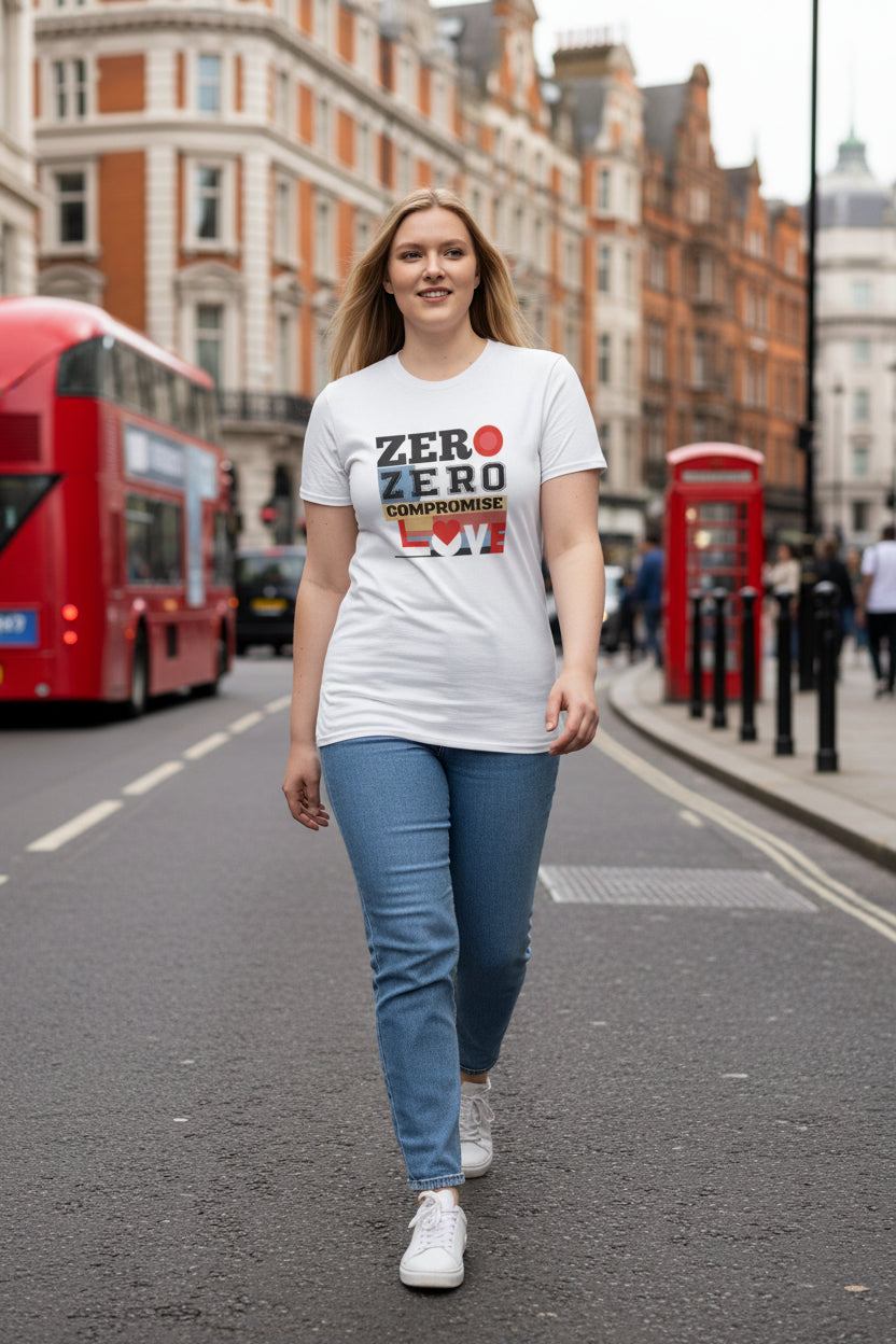 woman is wearing a white t-shirt with 'Zero Zero Compromise' text and graphics on a plain background