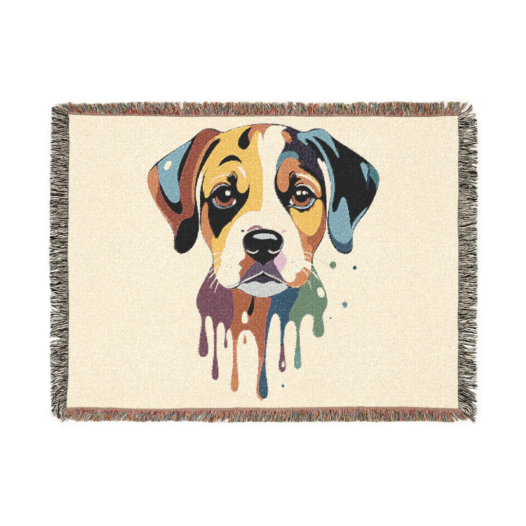 Woven blanket with a colorful dog design on a beige background