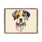 Woven blanket with a colorful dog design on a beige background