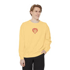 Person wearing a yellow sweatshirt with a heart design on a white background