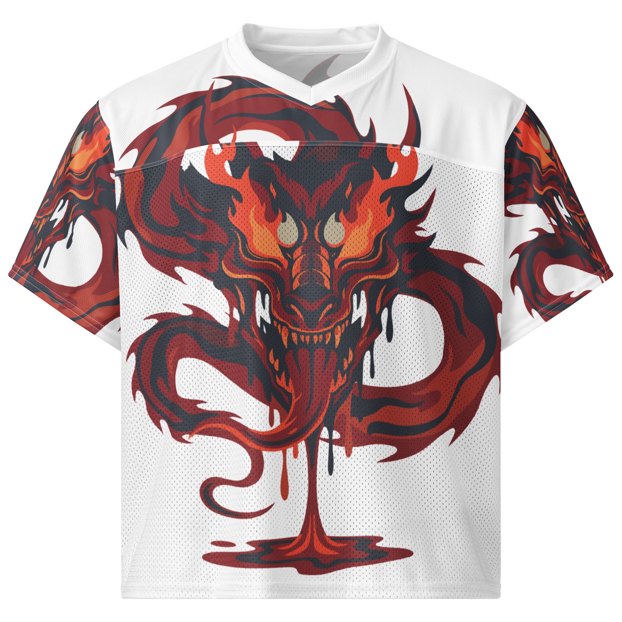 White t-shirt with a red and black dragon graphic design on a white background