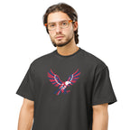 Man wearing a black t-shirt with a colorful eagle design on a white background
