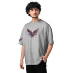 Person wearing a gray t-shirt with a colorful eagle design on a white background