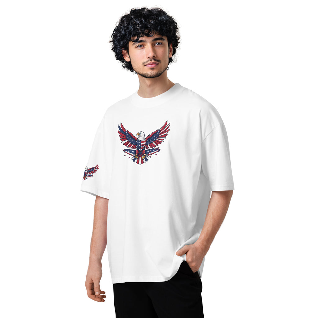 Person wearing a white t-shirt with a colorful eagle design on a white background