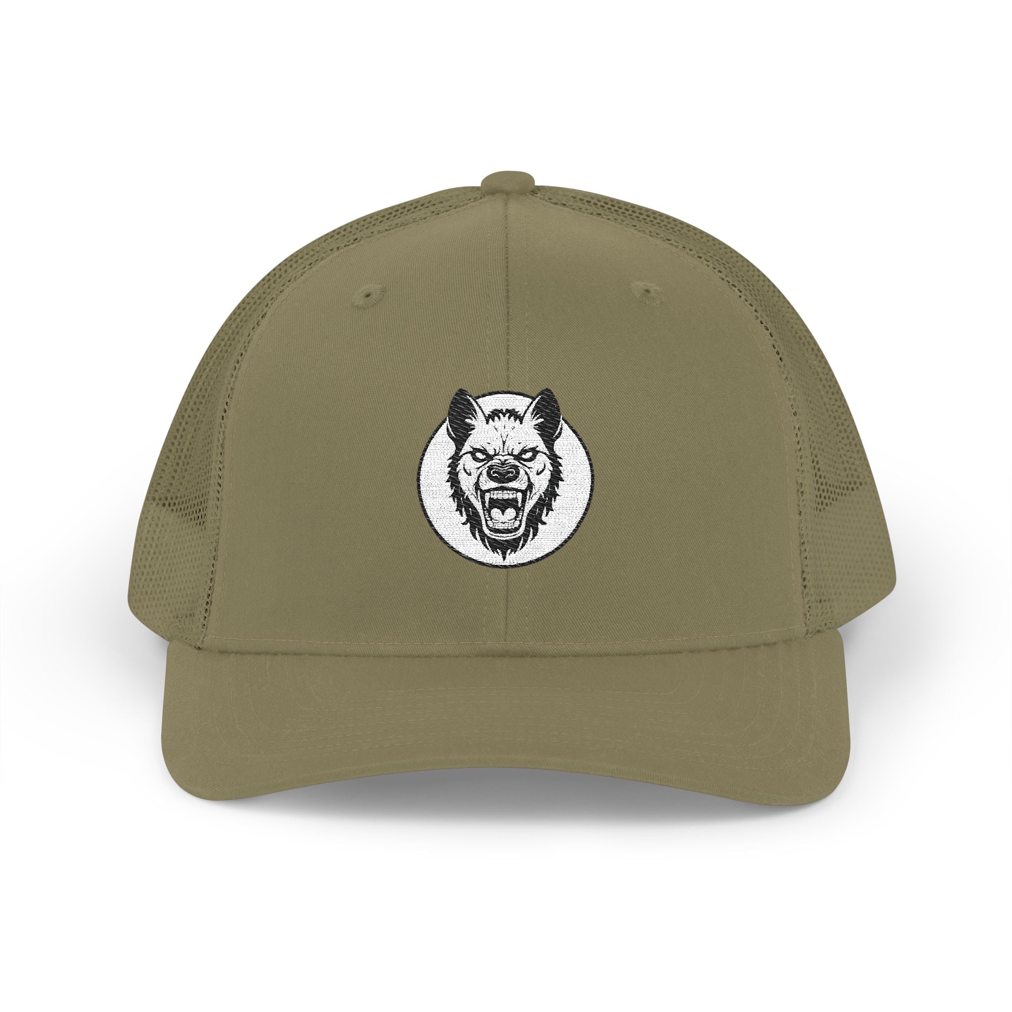 Khaki cap with a wolf emblem on a white background