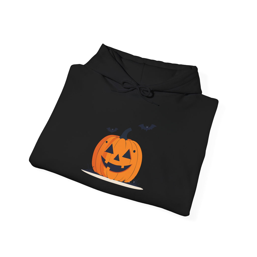 Black hoodie with a Halloween pumpkin design on a white background