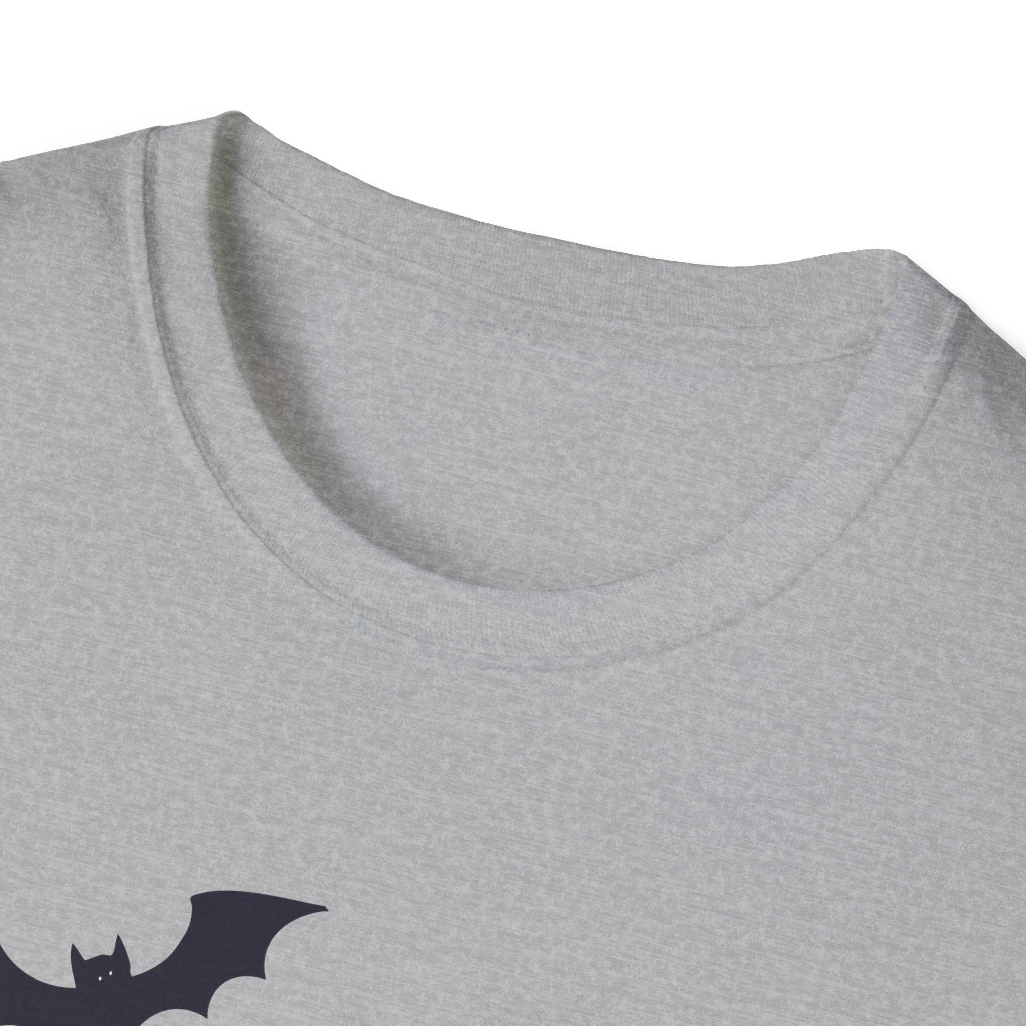 Gray t-shirt with a black bat design on a white background