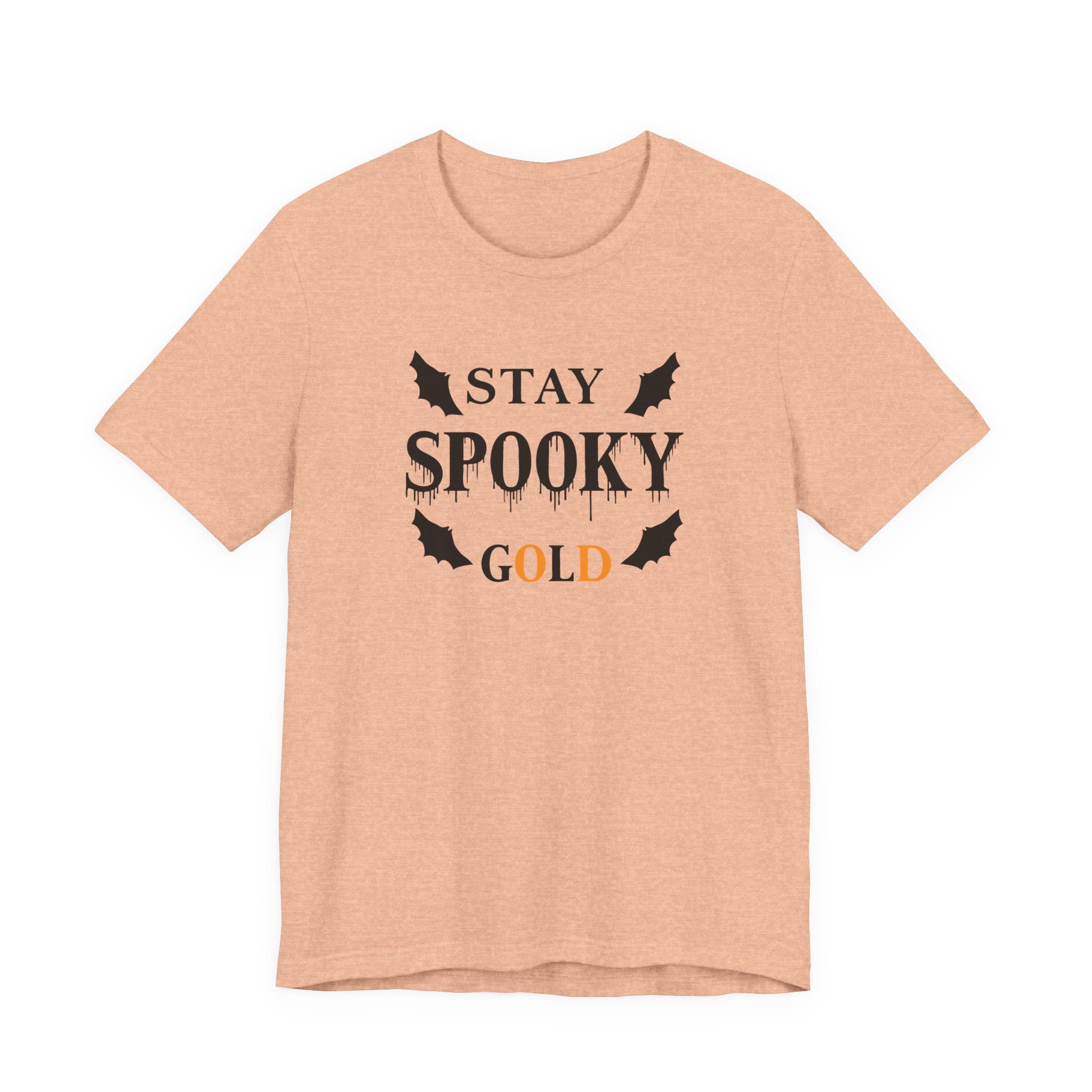Green t-shirt with 'Stay Spooky Gold' text and bats on a white background