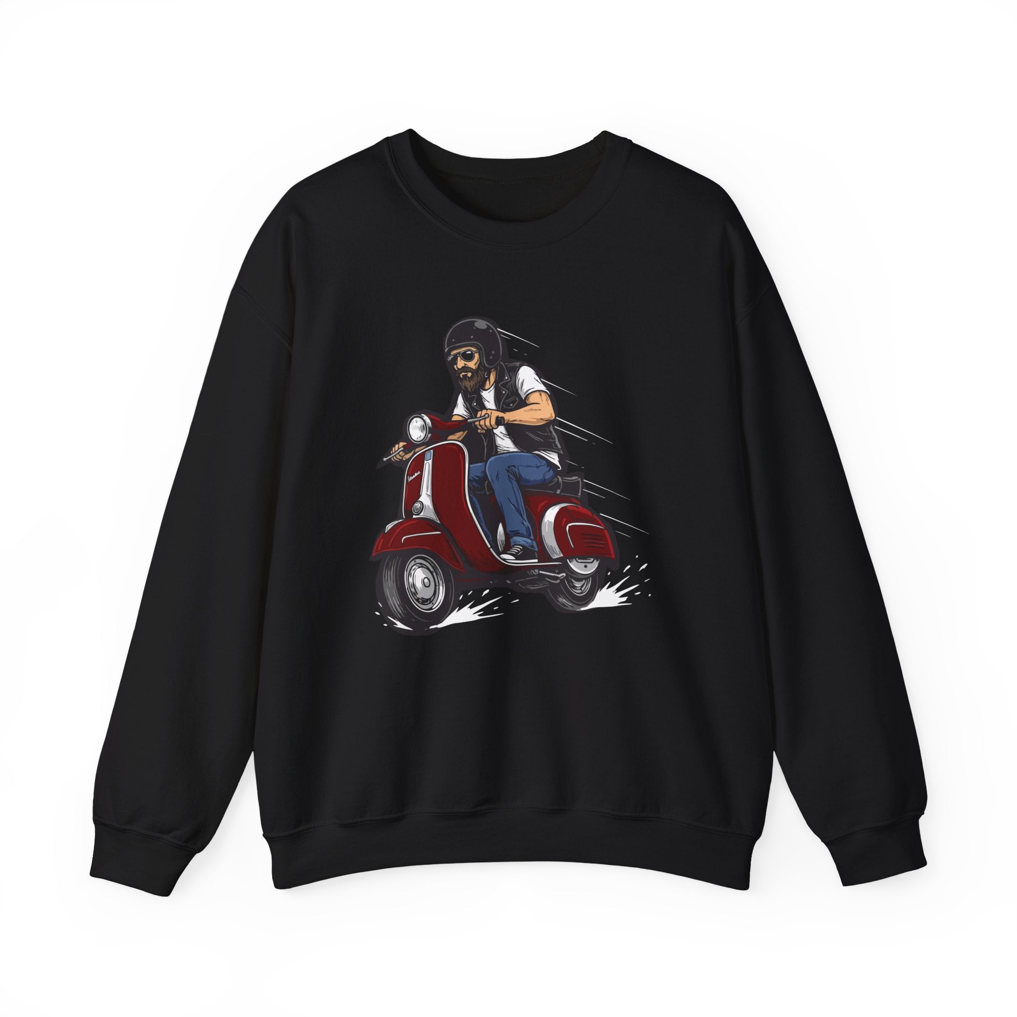 Black sweatshirt with a graphic of a person riding a scooter on a white background