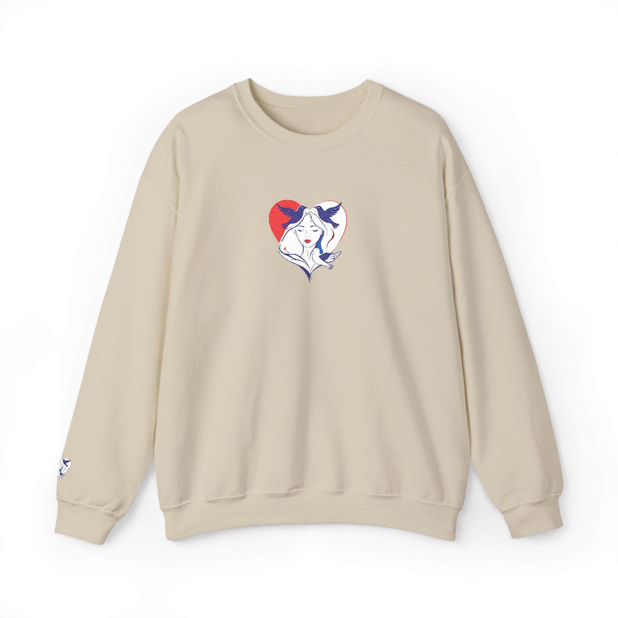 Beige sweatshirt with a graphic design on a white background