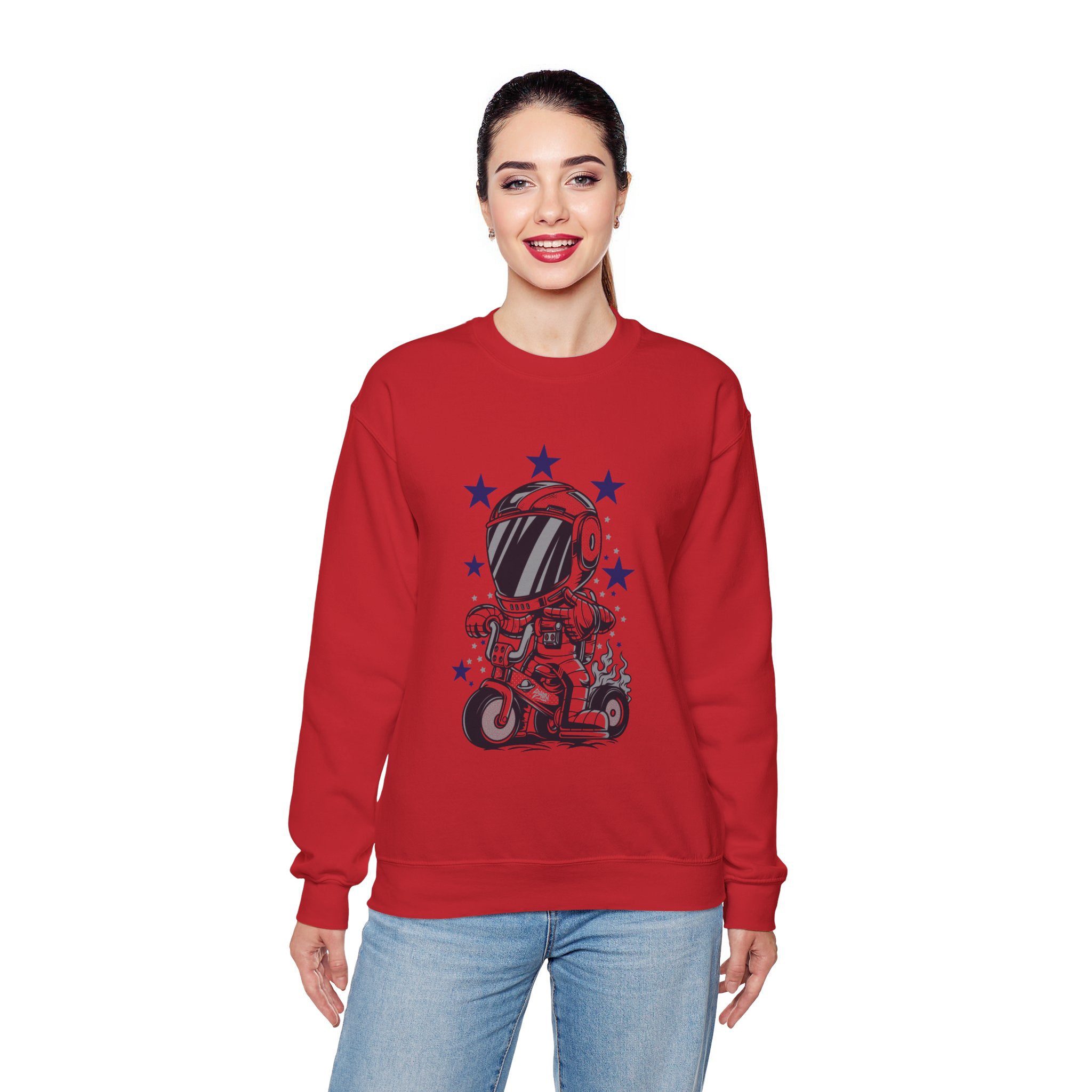 Astronaut Riding Scooter Crewneck Sweatshirt Retro Space Biker Graphic