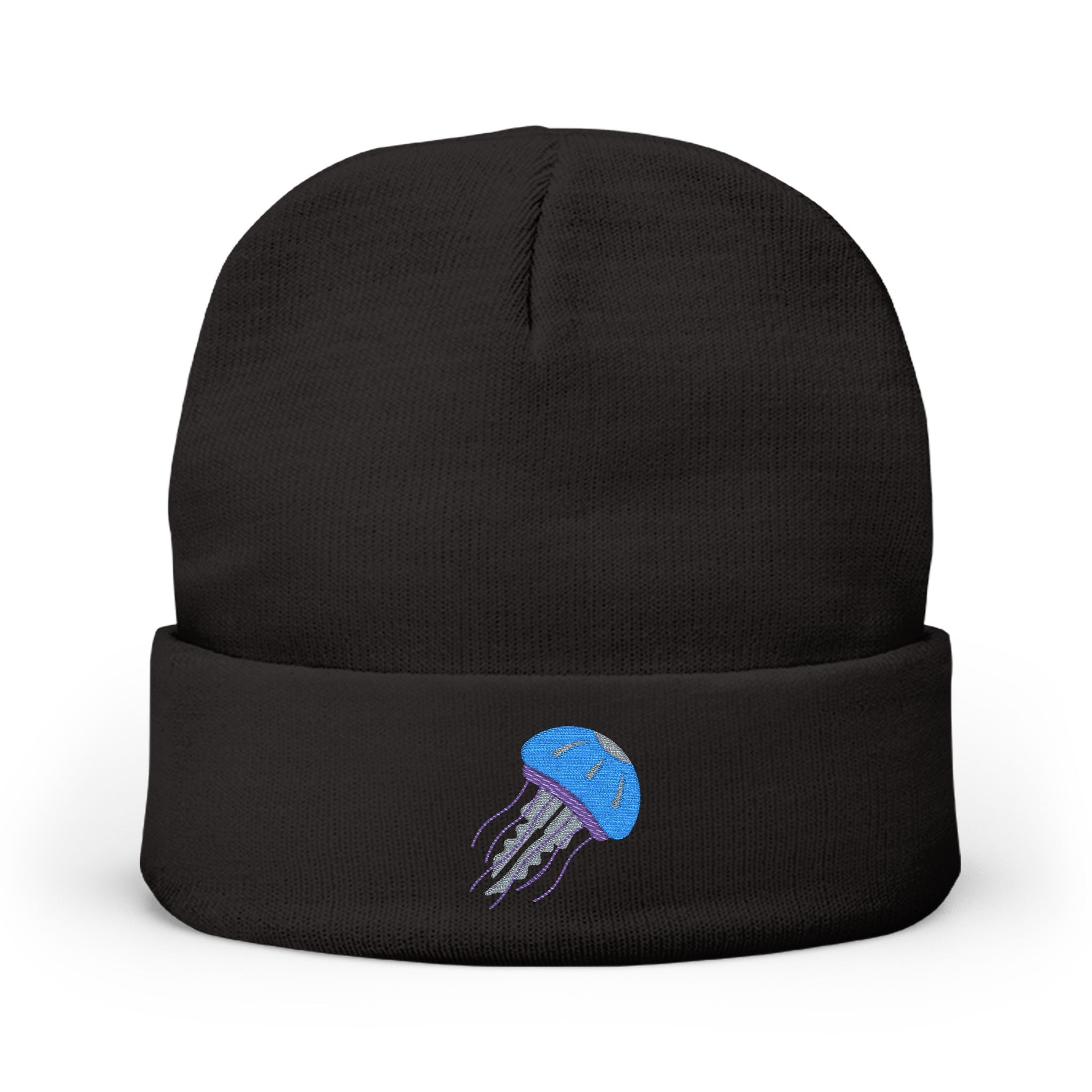 Black beanie with a blue jellyfish design on a white background