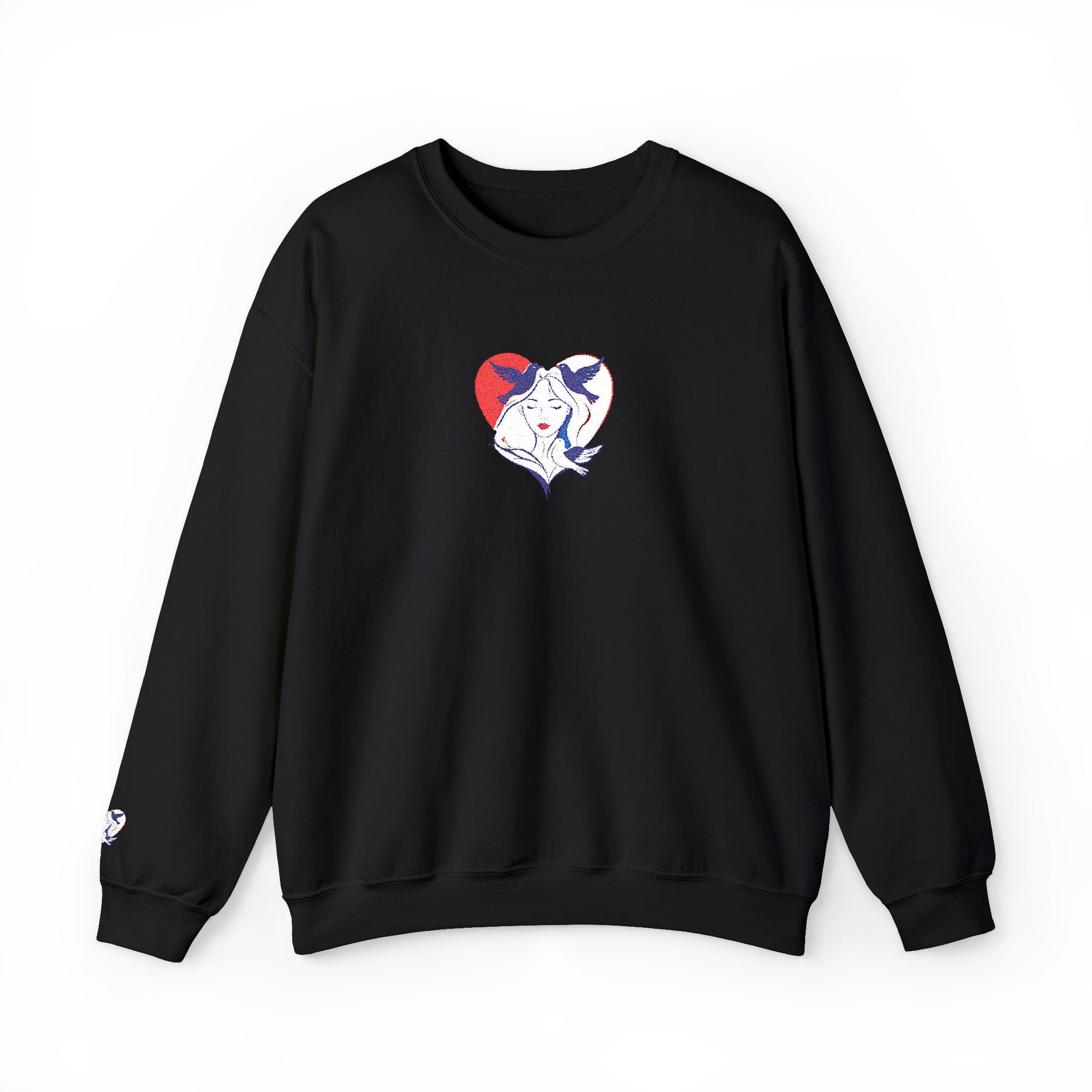 Black sweatshirt with a heart-shaped graphic on a white background