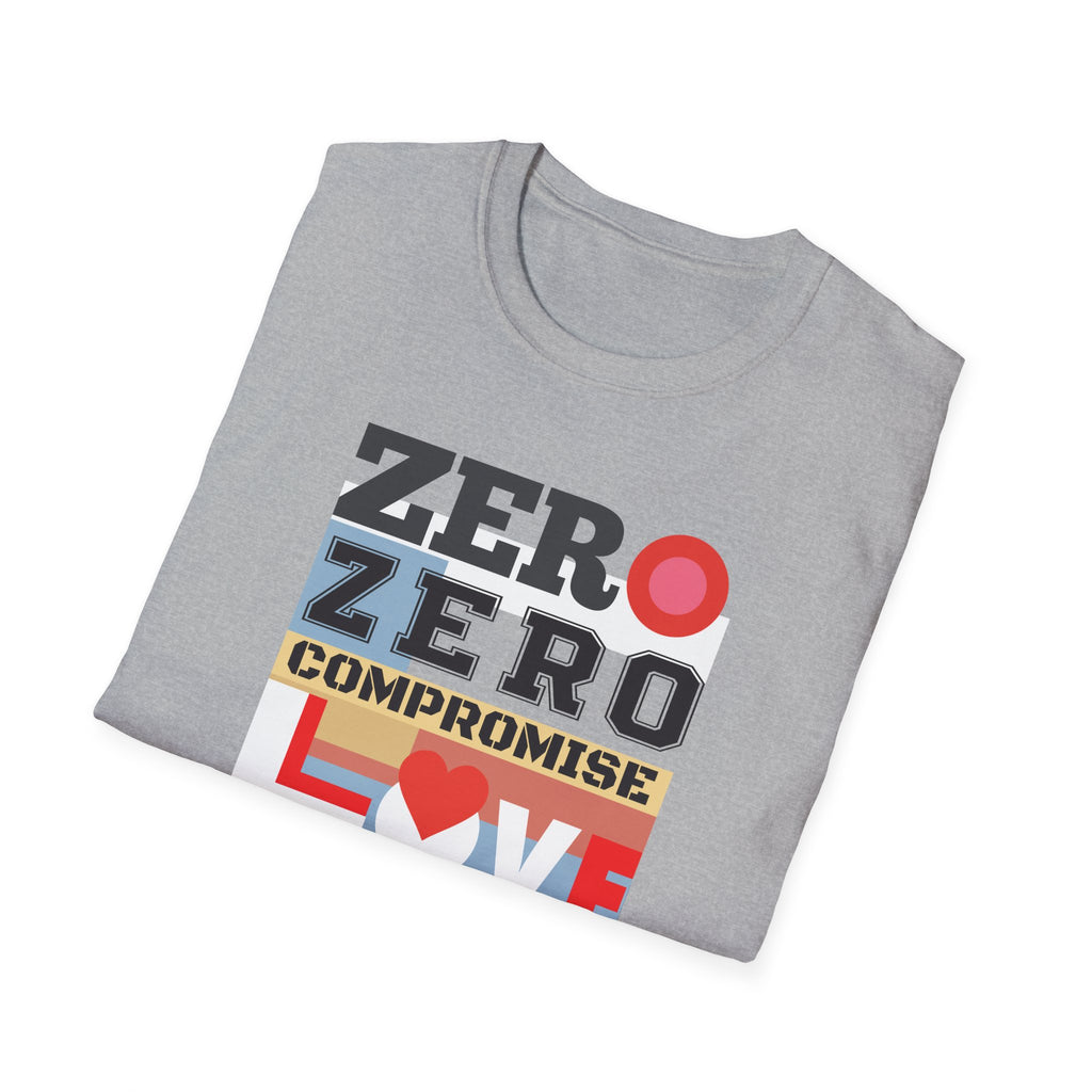 Folded gray t-shirt with colorful text and graphics on a white background