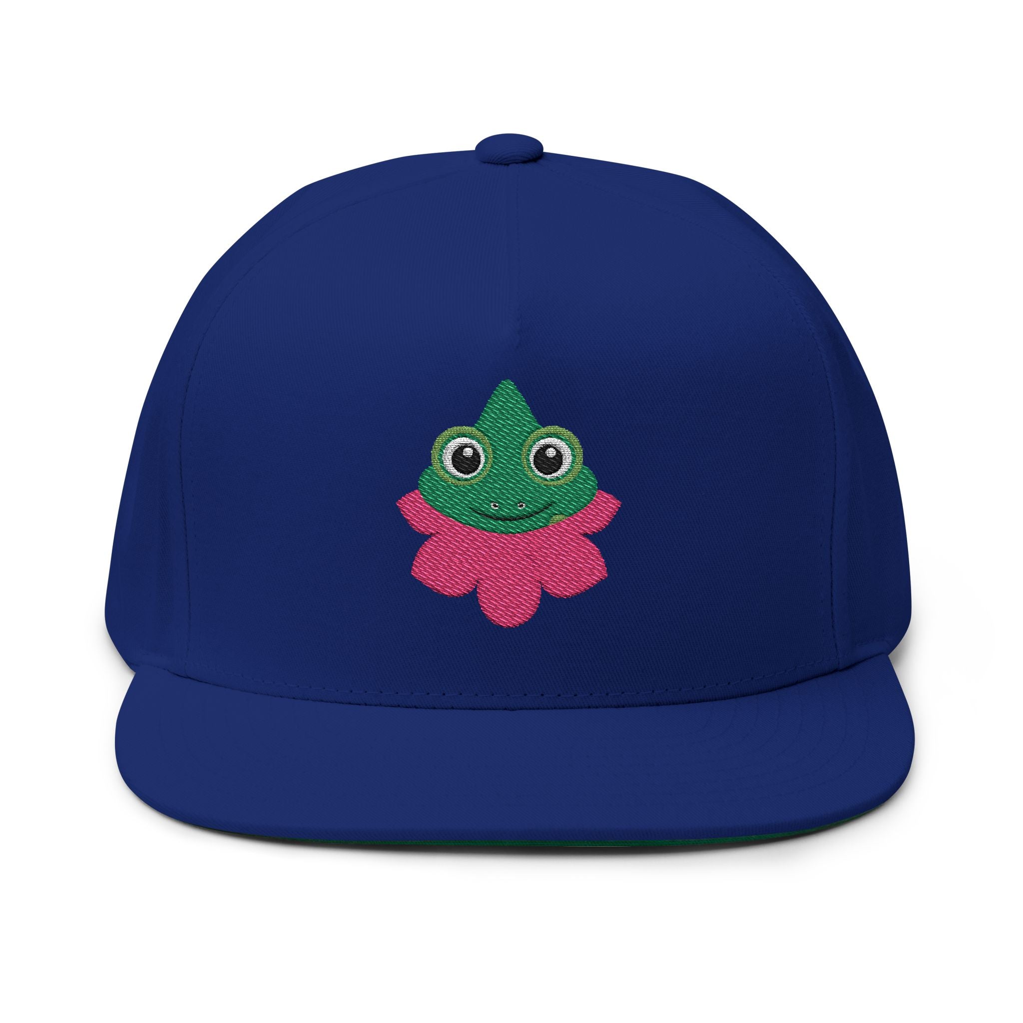 Blue cap with a green and pink embroidered design on a white background