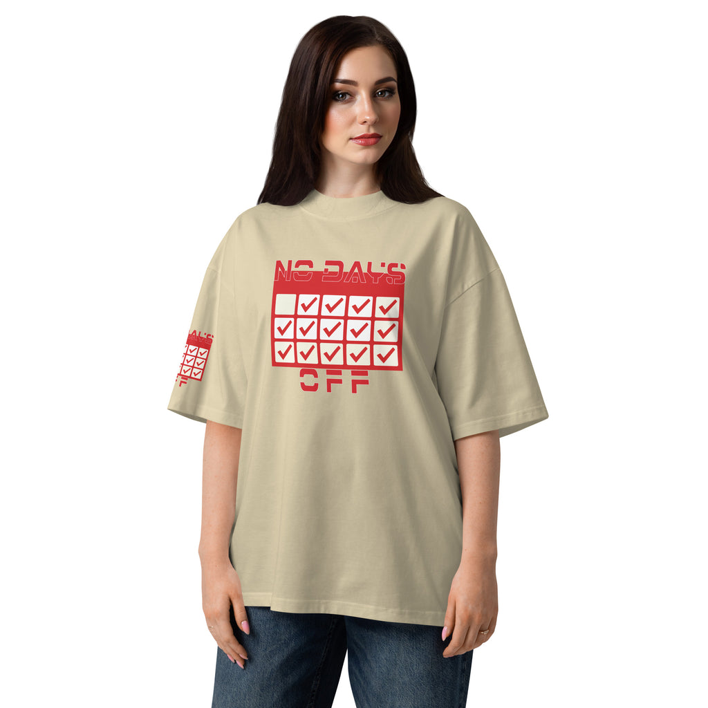 Woman wearing a beige t-shirt with red text and graphics on a white background