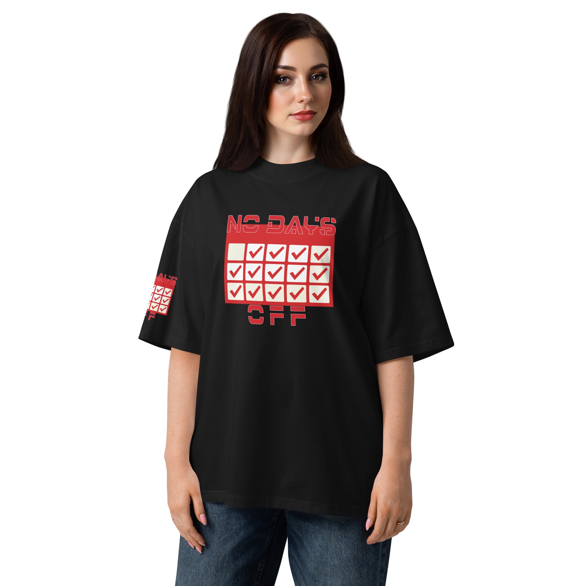 Person wearing a black t-shirt with red text and graphics on a white background