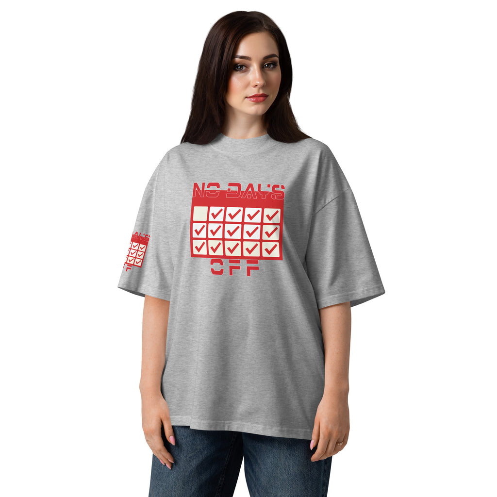 Woman wearing a gray t-shirt with red text and graphics on a white background
