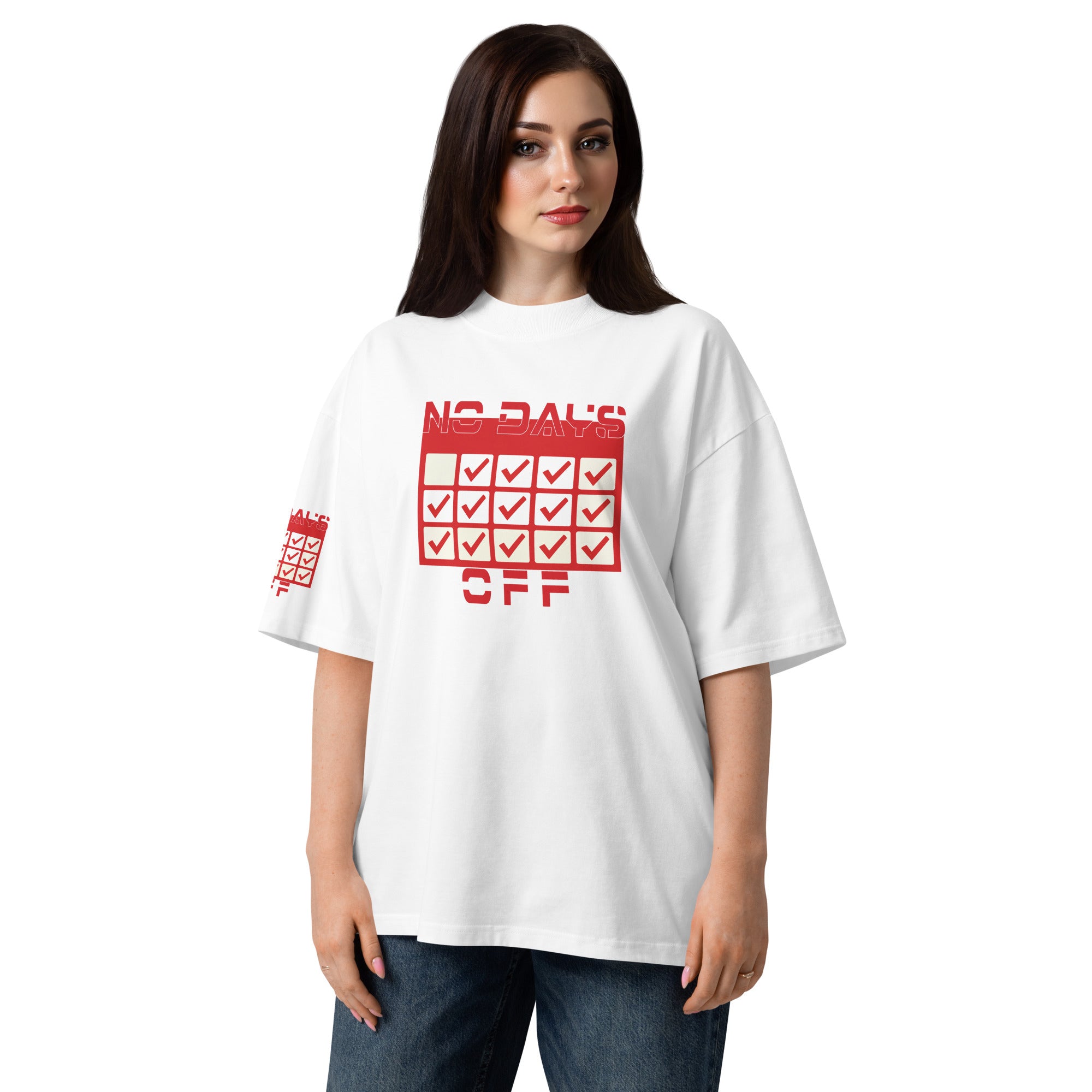 Woman wearing a white t-shirt with red text and graphics on a white background