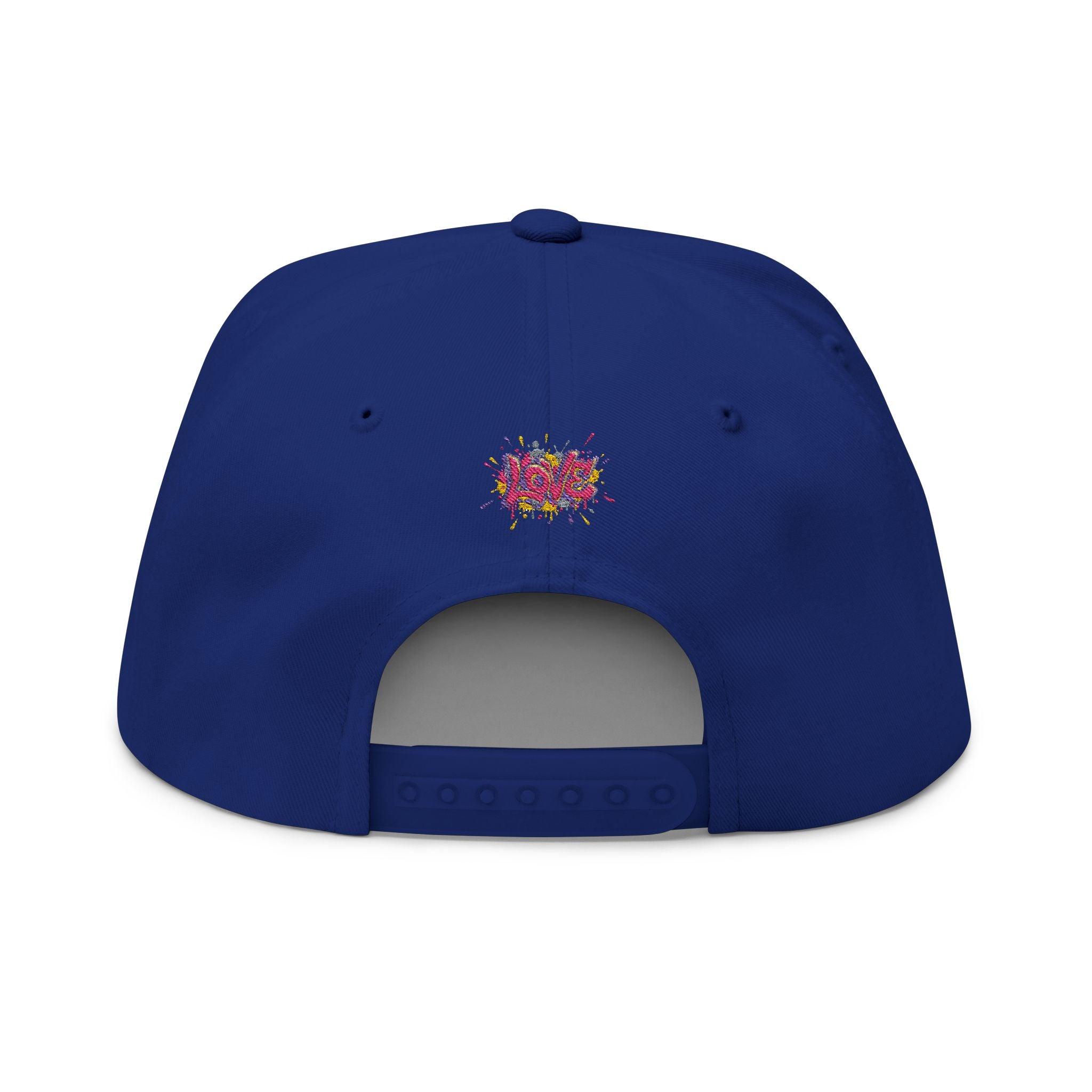 Blue cap with colorful logo on the back against a white background