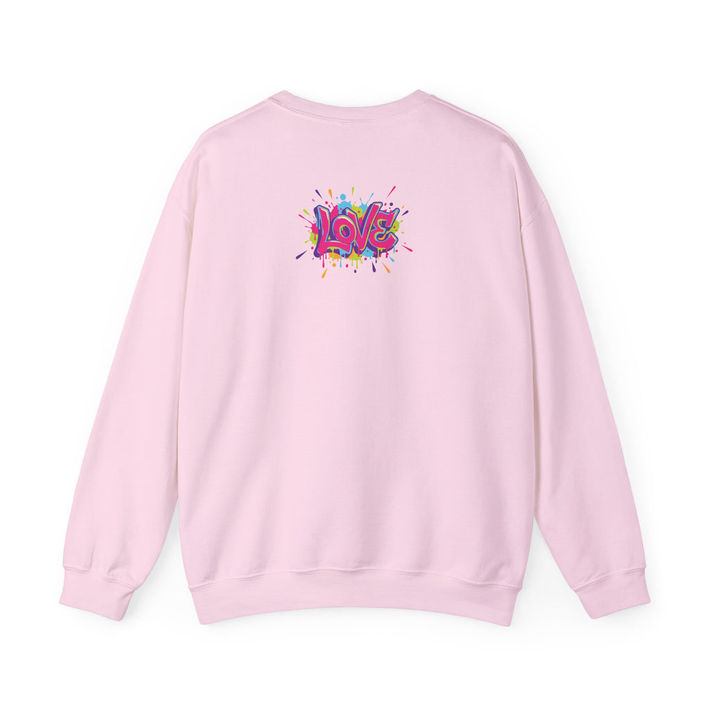 Pink sweatshirt with colorful 'LOVE' design on the back against a white background