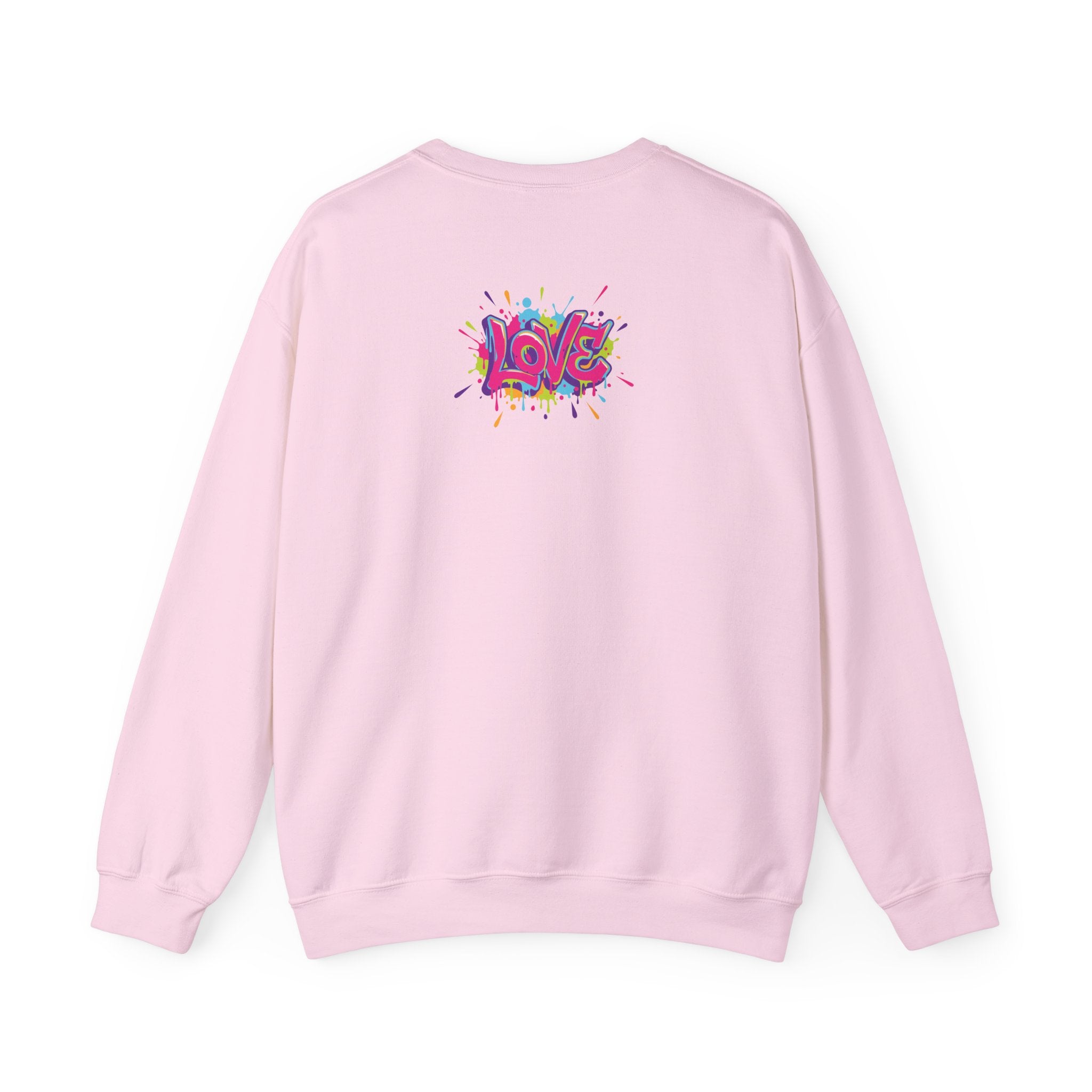 Pink sweatshirt with colorful 'LOVE' design on the back against a white background
