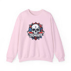 Pink sweatshirt with a skull and flag design on a white background