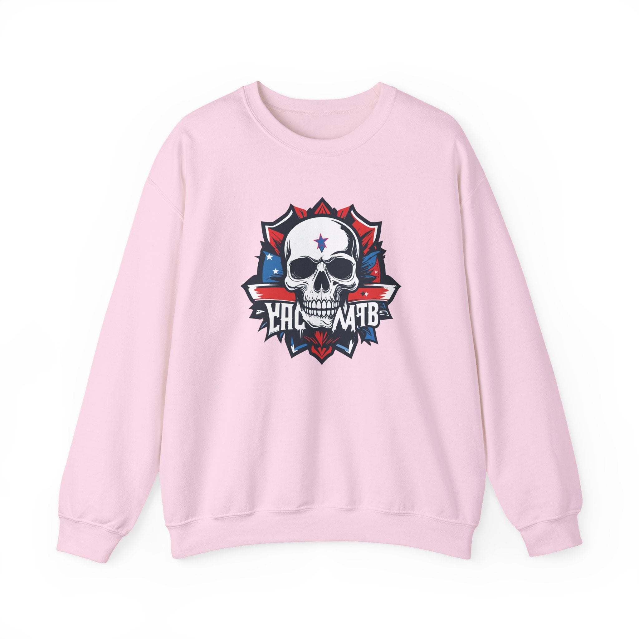 Pink sweatshirt with a skull and flag design on a white background