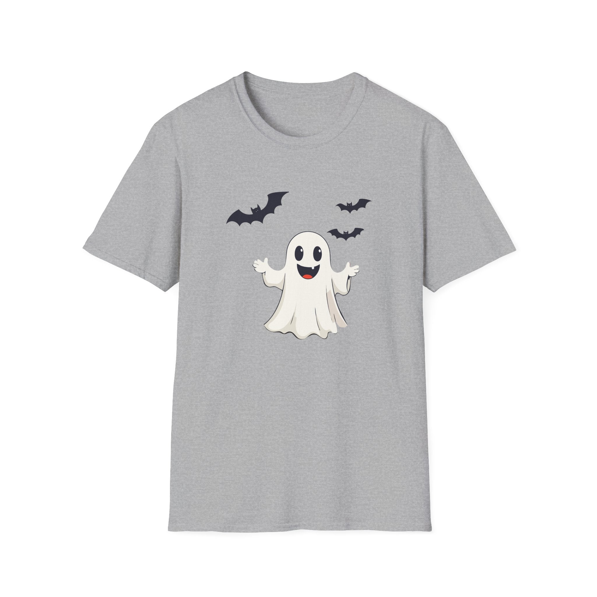 Gray t-shirt with a cartoon ghost and bats design on a white background