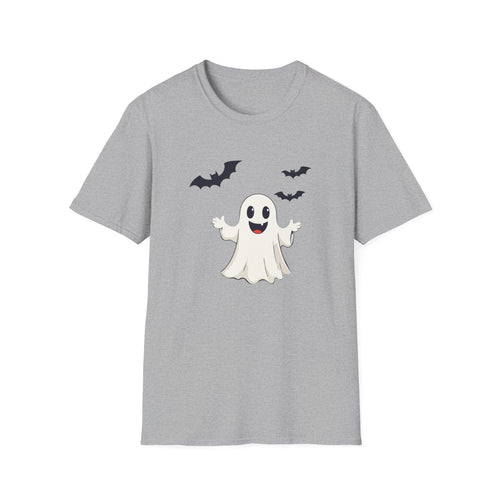 Gray t-shirt with a cartoon ghost and bats design on a white background