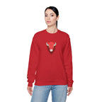 Person wearing a red sweatshirt with a bull graphic on a white background