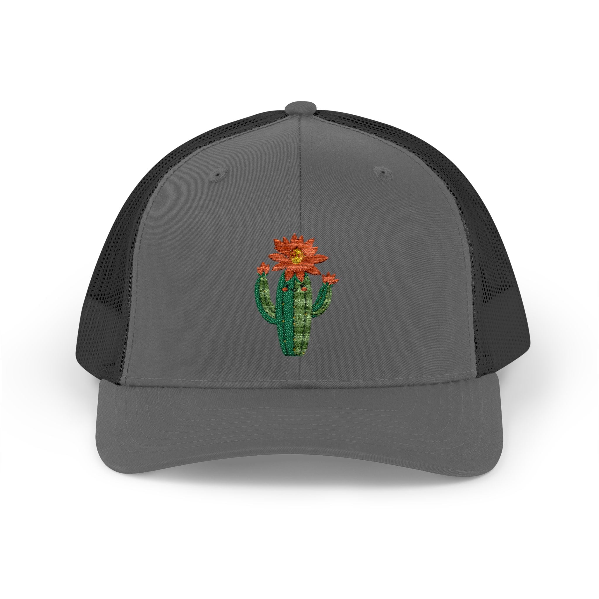 Gray trucker cap with a cactus and flower design on a white background