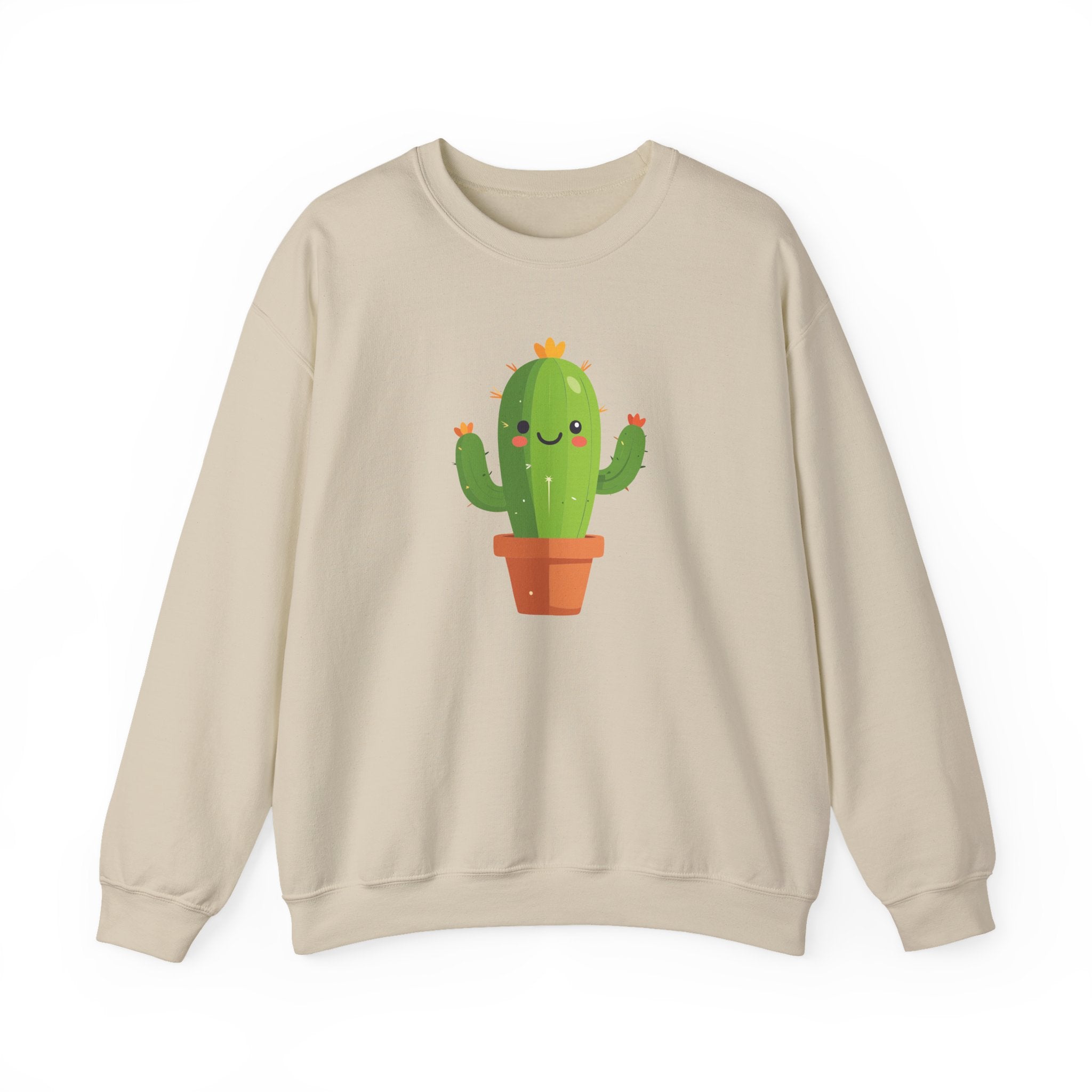 Beige sweatshirt with a cartoon cactus design on a white background