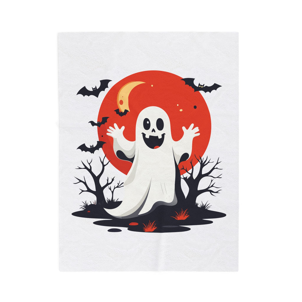 Halloween-themed design with a ghost, moon, and bats on a white background