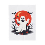 Halloween-themed design with a ghost, moon, and bats on a white background