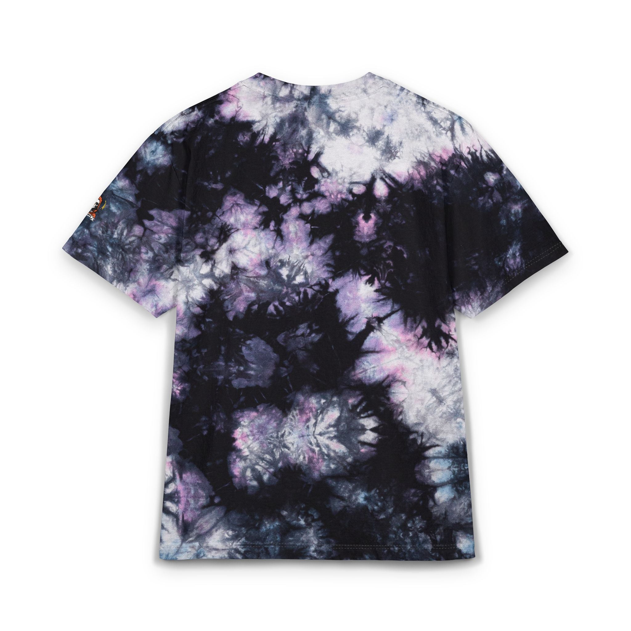 Tie-dye t-shirt with black, white, and purple pattern on a white background
