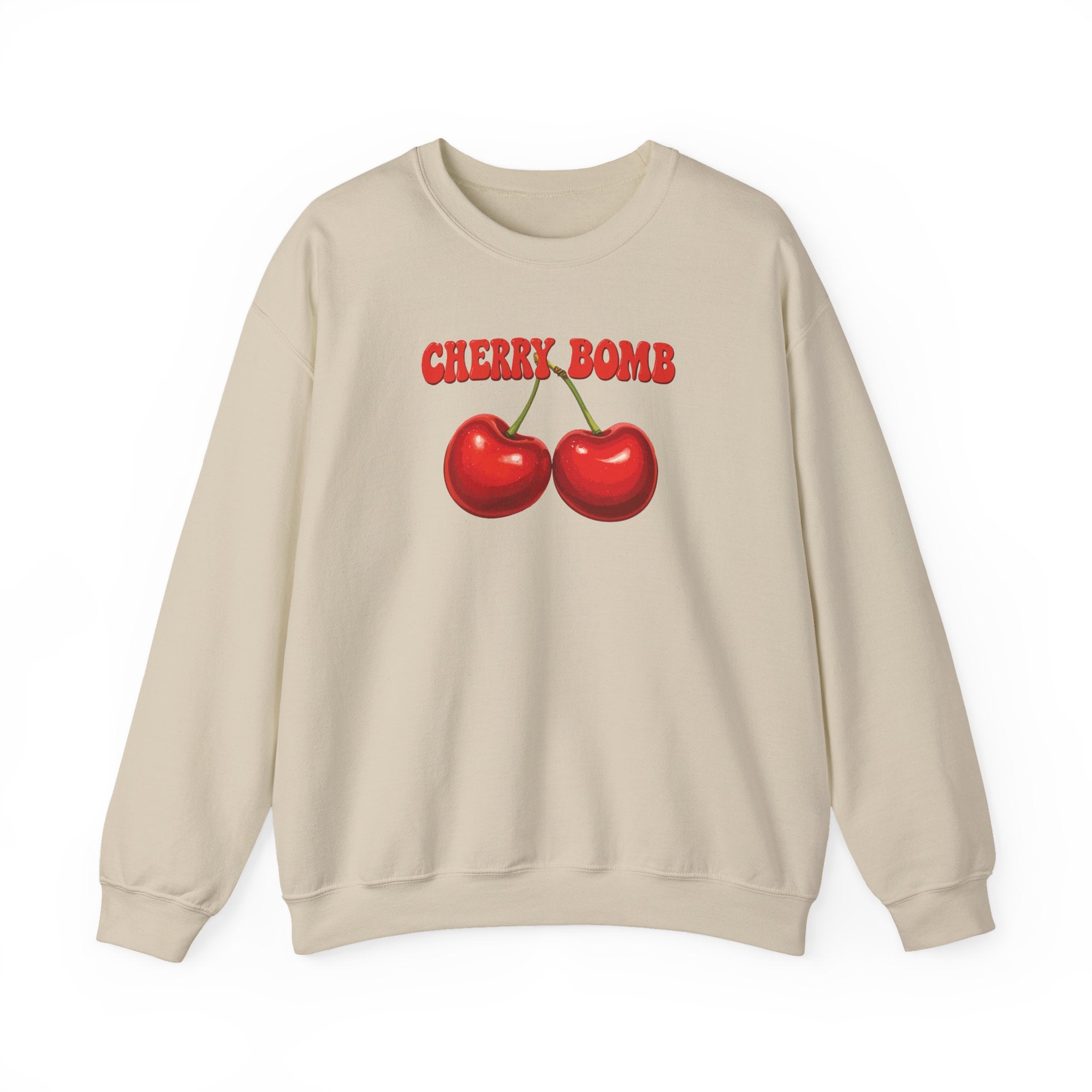 Beige sweatshirt with cherry graphic and 'CHERRY BOMB' text on a white background