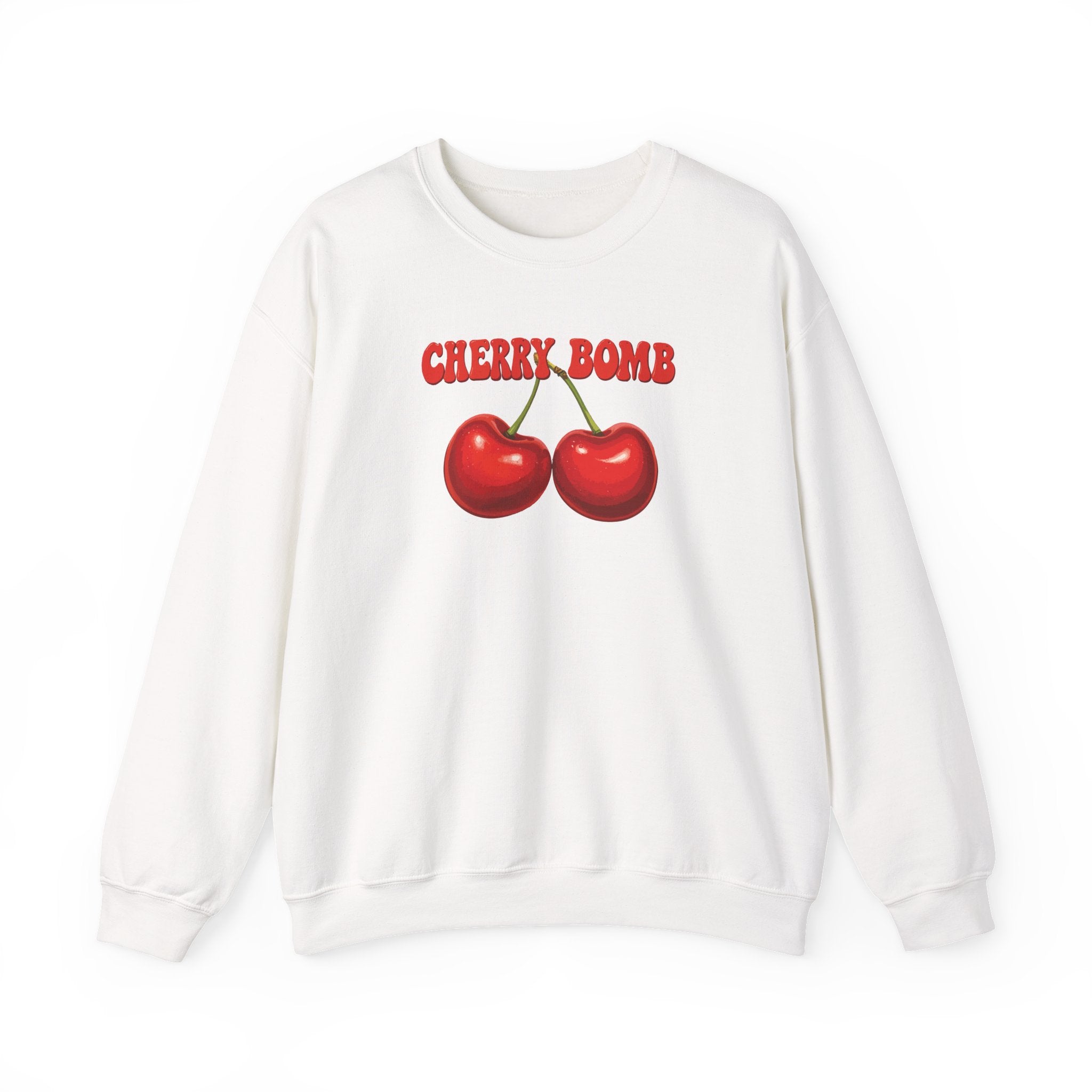 White sweatshirt with red cherries and 'CHERRY BOMB' text on a white background