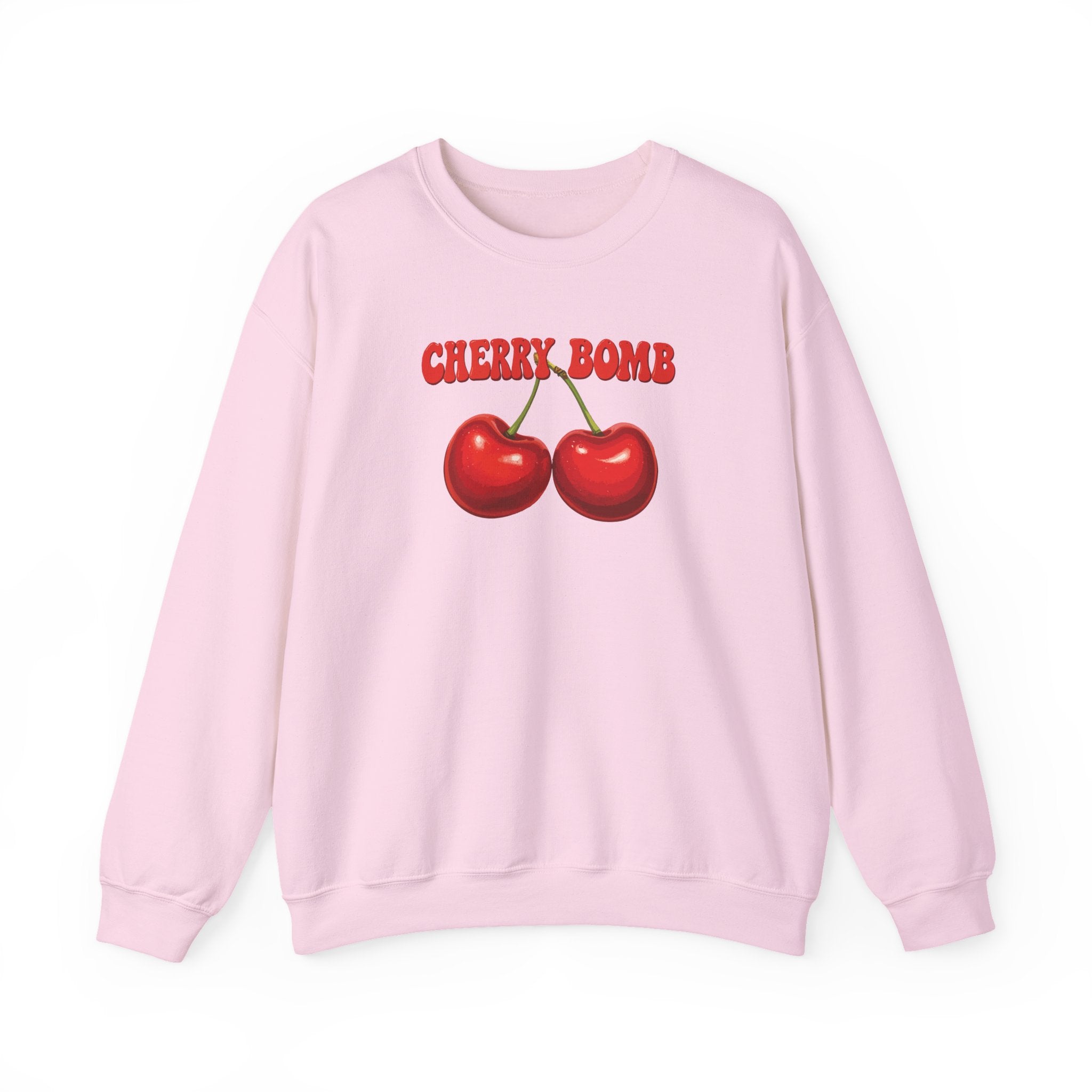 Pink sweatshirt with cherry design and 'CHERRY BOMB' text on a white background
