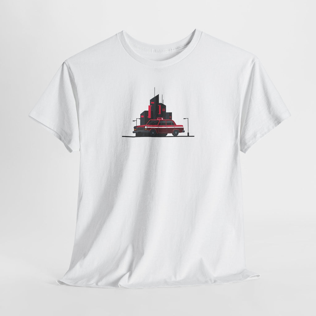 White t-shirt with a red and black graphic on a white background