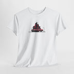 White t-shirt with a red and black graphic on a white background