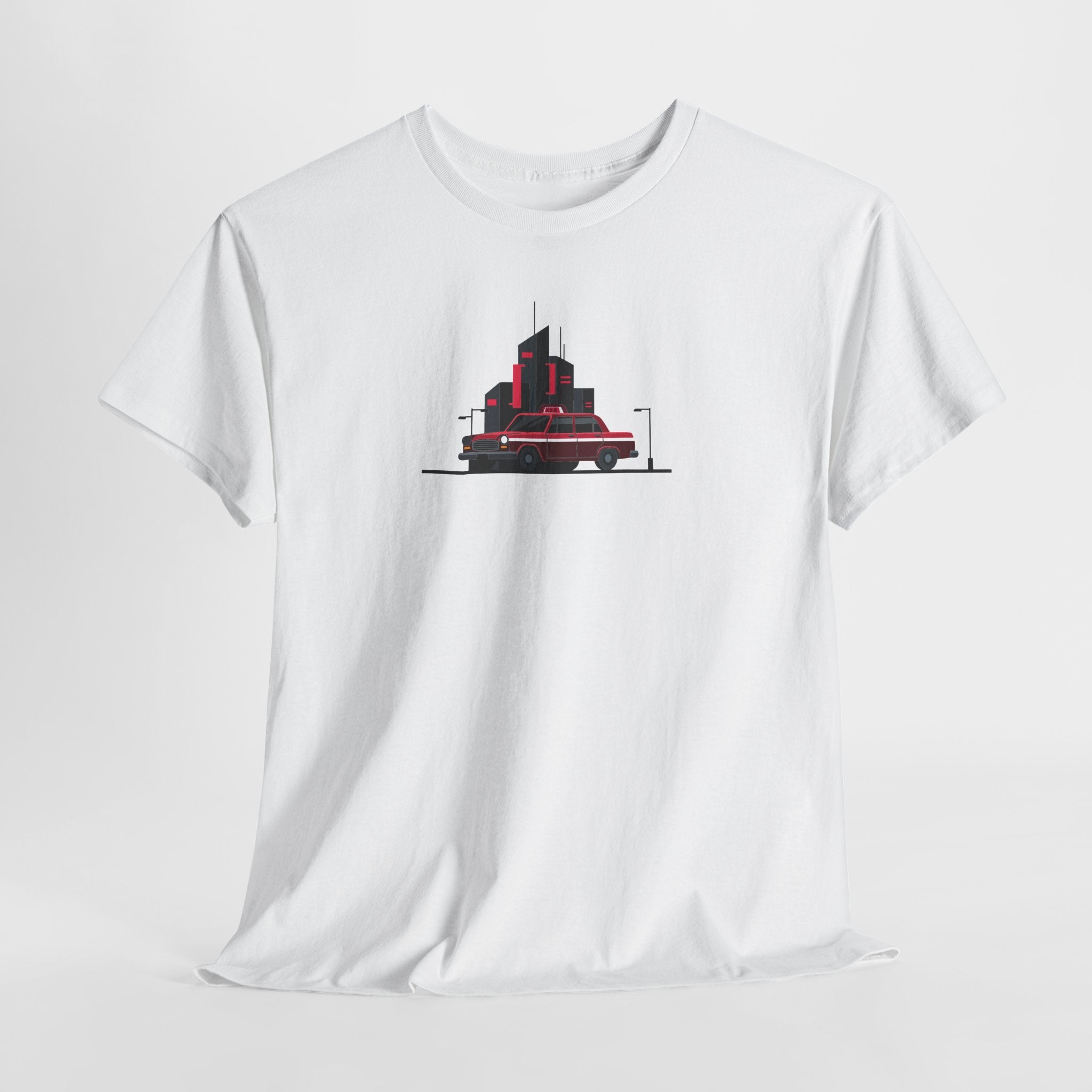 White t-shirt with a red and black graphic on a white background