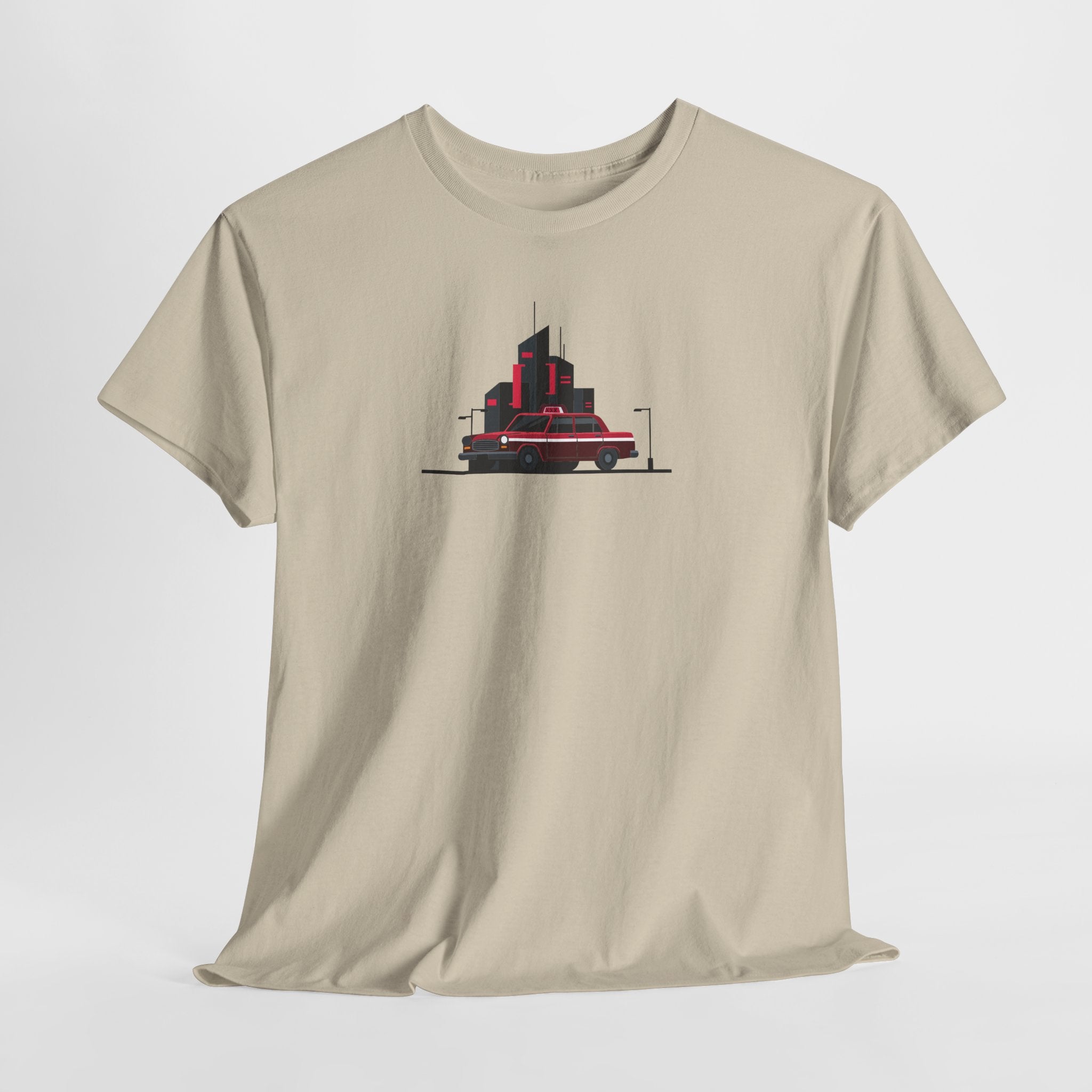 Beige t-shirt with a graphic of a red and black vehicle on a white background