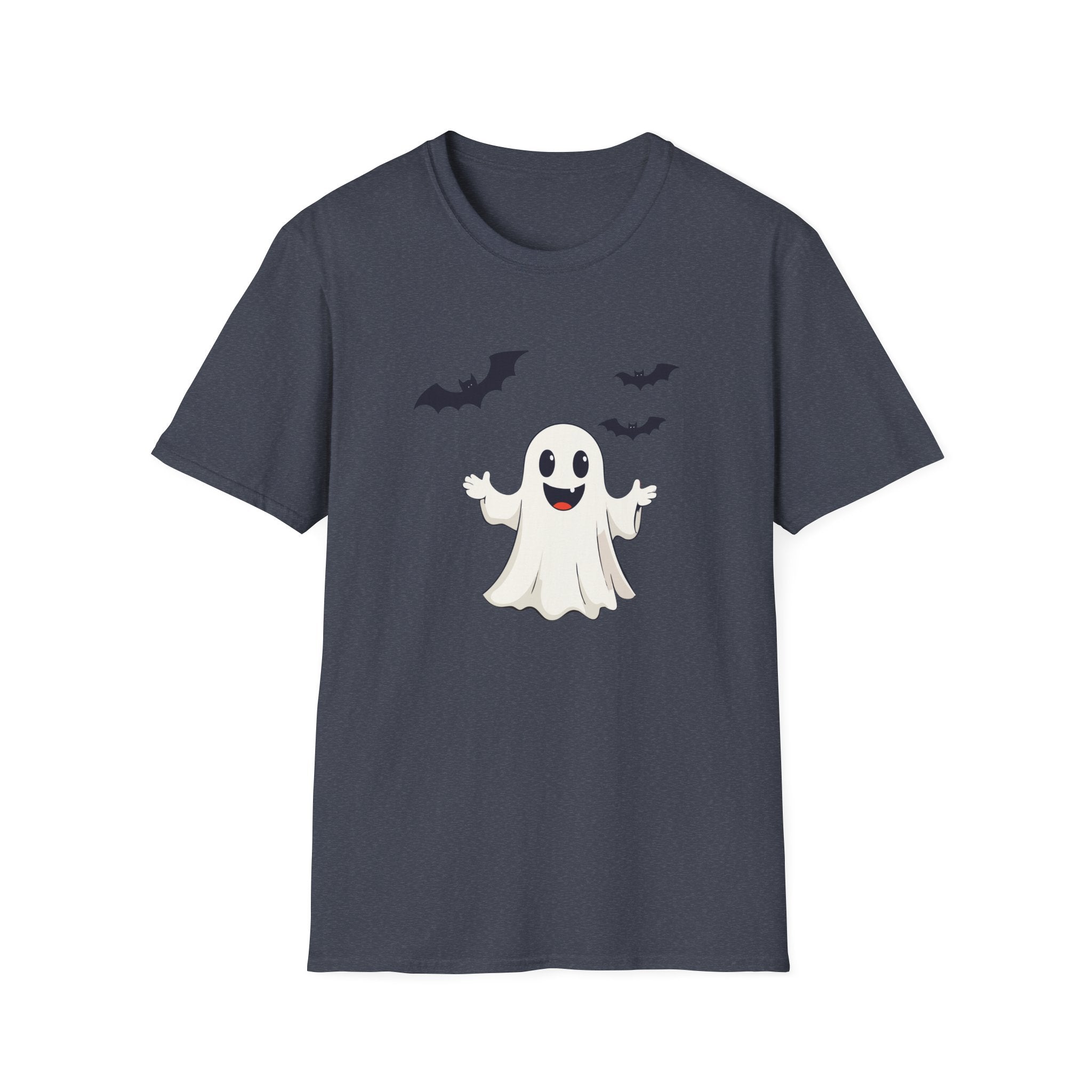 Navy blue t-shirt with a cartoon ghost and bats design on a white background