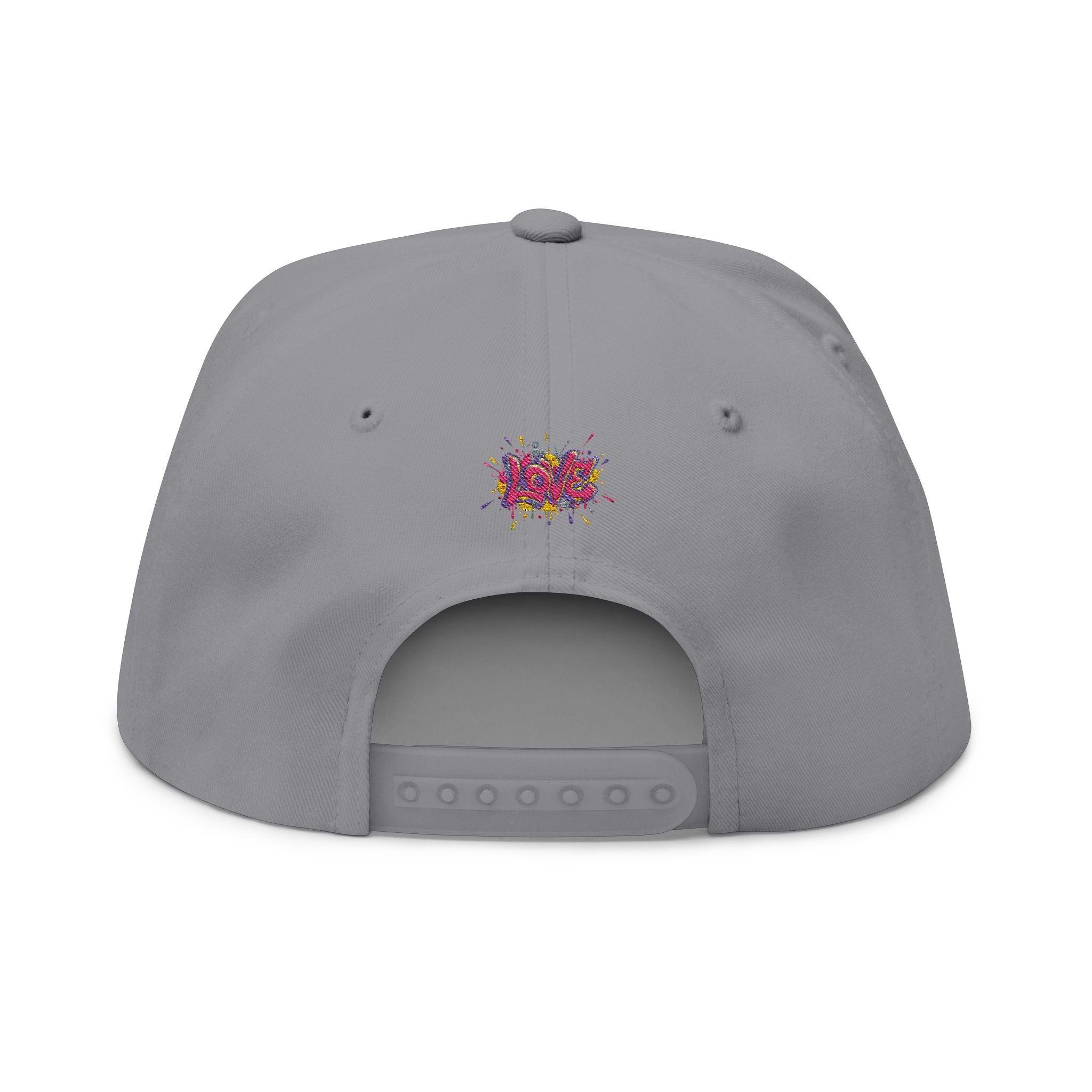 Gray cap with colorful logo on the back against a white background