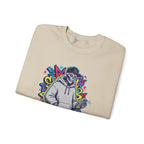Beige sweatshirt with a colorful graphic design on a white background